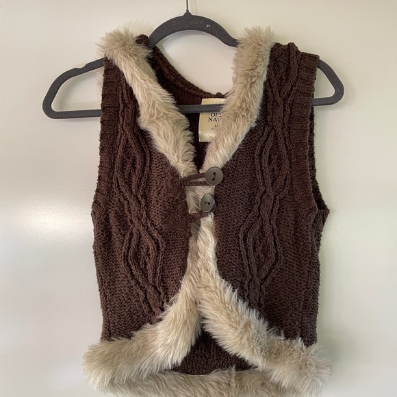 90s‎ Old Navy Brown Shrug with Cable Knit and Faux Fur Vintage - Picture 1 of 7
